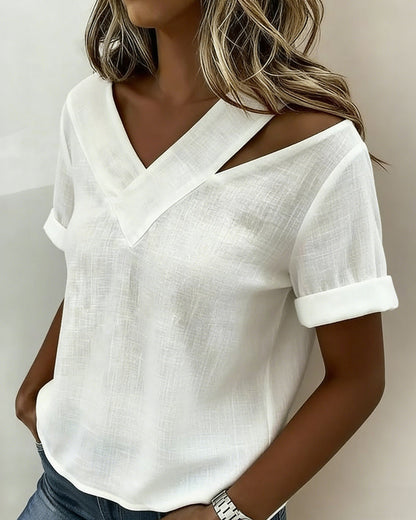 Bluse Off-Shoulder V-Ausschnitt Einfarbig Kurz Ärmel