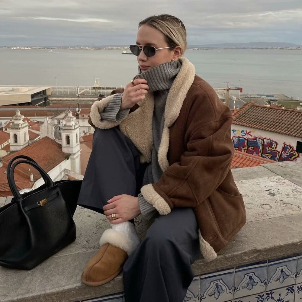 Faux Shearling Lined Suede Jacket with Pockets for Women - Capitolina