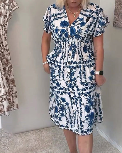 Kleid V-Ausschnitt bedruckt taillierend