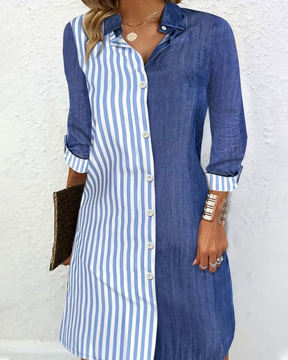 Kleid Kragen gestreift Color-Block Hemd