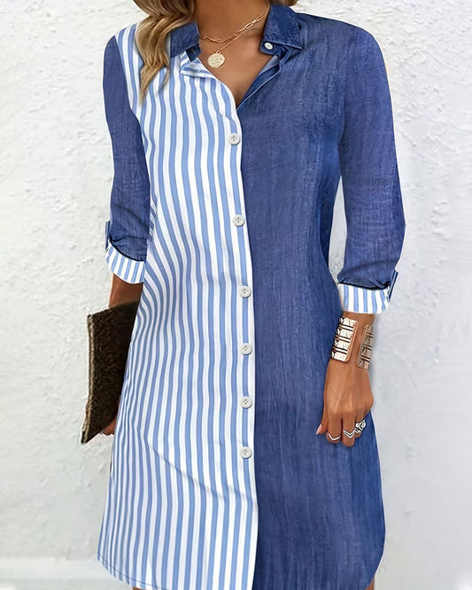 Kleid Kragen gestreift Color-Block Hemd