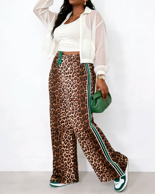 Hose Colorblock Leopardenmuster Kordelzug gerade geschnitten