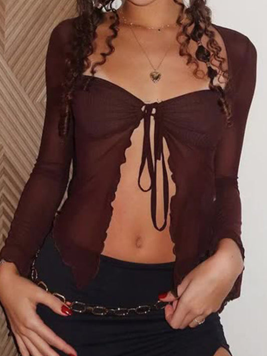 Braunes Y2k Langarm T-Shirt mit Holzdetails