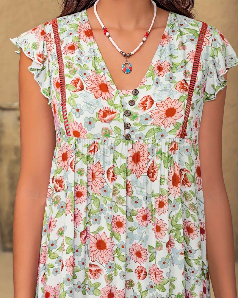 Kleid Blumenmuster V-Ausschnitt Rüschenärmel