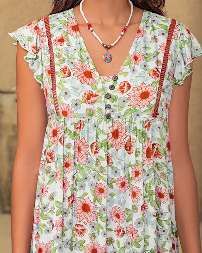 Kleid Blumenmuster V-Ausschnitt Rüschenärmel