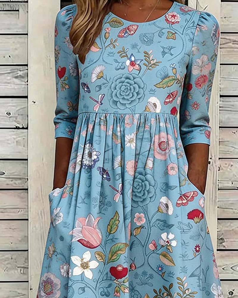 Kleid Rundhals Geknöpft Blumig A-Saum