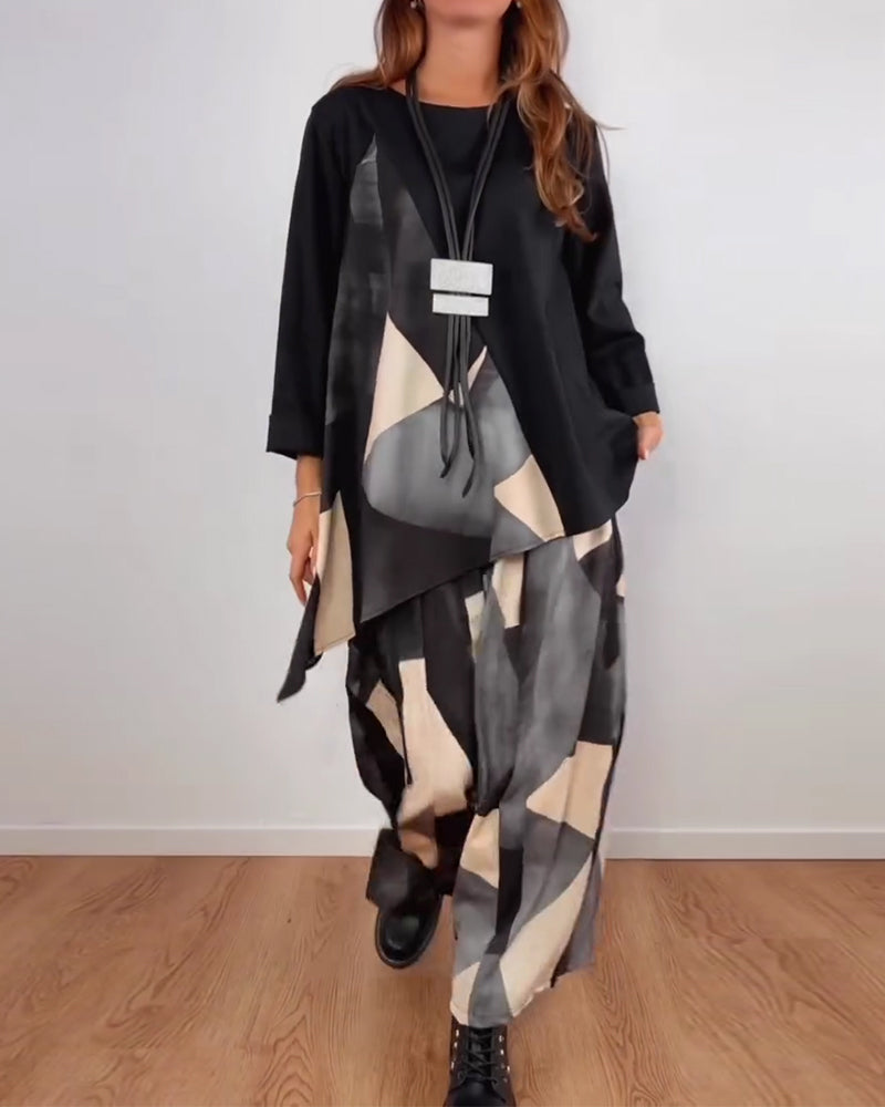 Zweiteiliges Set lässiger geometrischer Druck Weitbeinhose