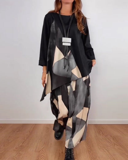 Zweiteiliges Set lässiger geometrischer Druck Weitbeinhose
