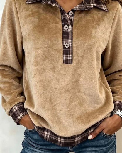 Sweatshirt Revers Knopf Kariert Patchwork