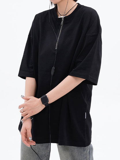 Einfarbiges Vintage Reißverschluss Kurzarm T-Shirt