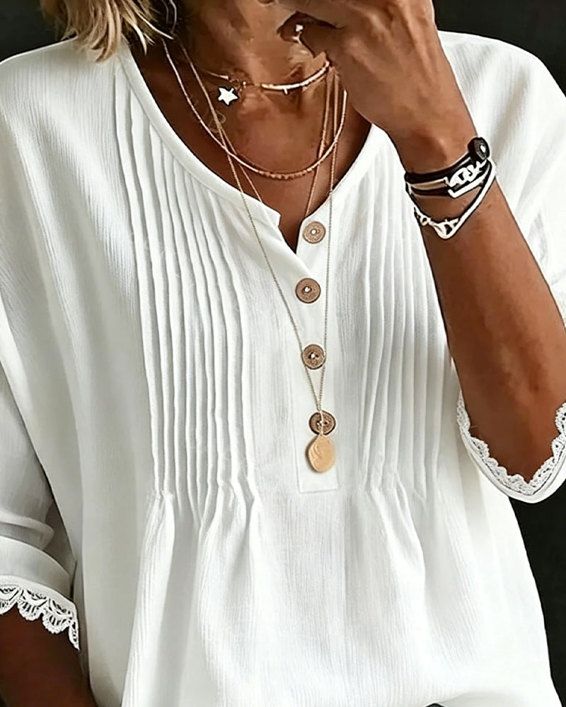 Bluse Plissiert Knopf Spitzenbesatz