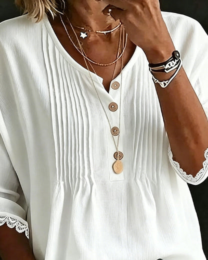 Bluse Plissiert Knopf Spitzenbesatz