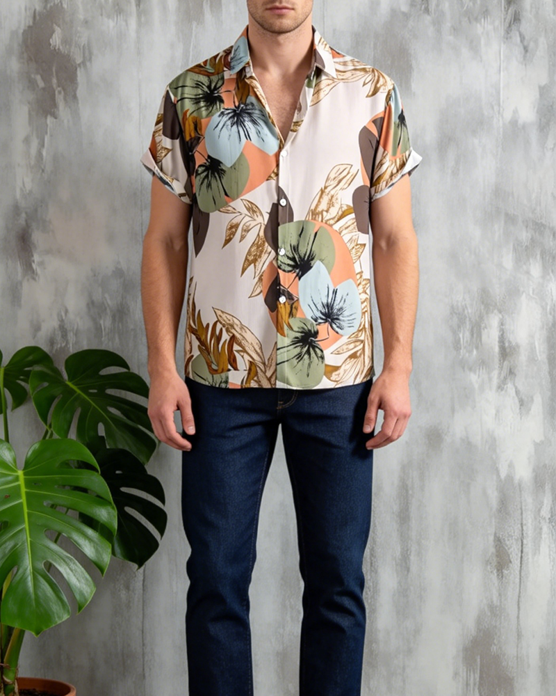 Hemd Vintage Botanisch Druck Kurzarm