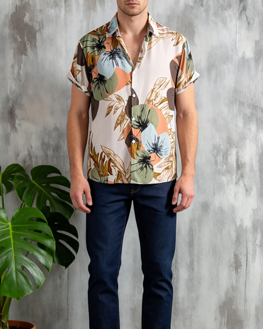 Hemd Vintage Botanisch Druck Kurzarm