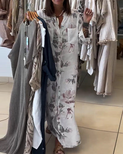 Kleid Stehkragen Langarm Gedrucktes Hemd