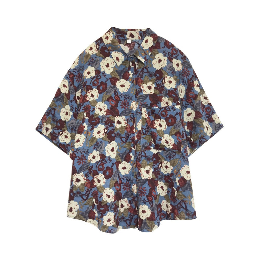 Blue Floral Print Button Up Shirt for Women - Sabina