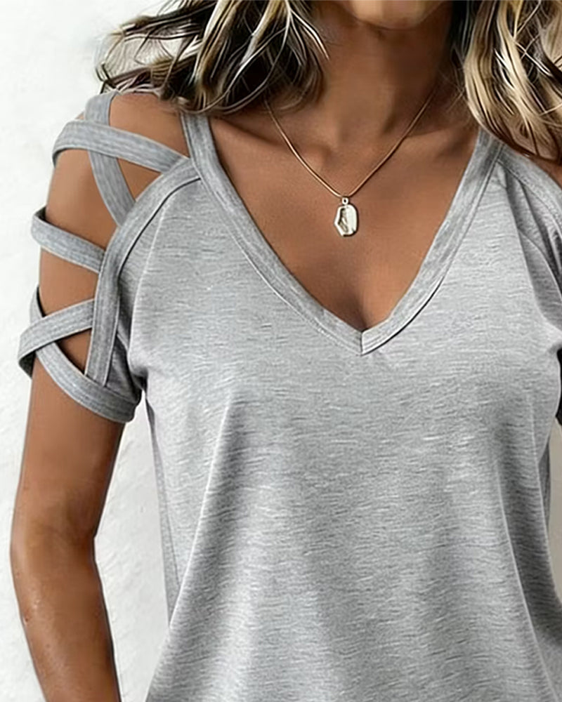 T-Shirt Überkreuzträger Cold Shoulder V-Ausschnitt