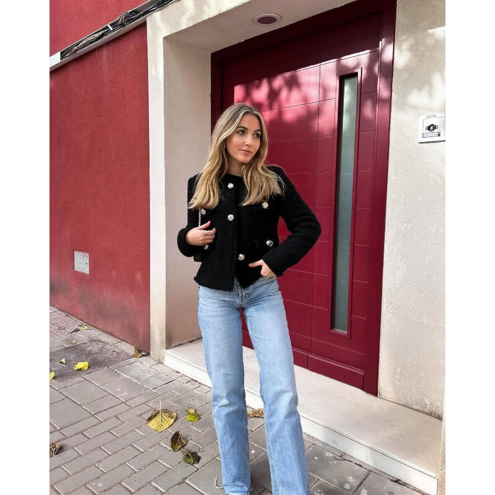 Tweed Button Up Long Sleeve Jacket for Women - Gianna