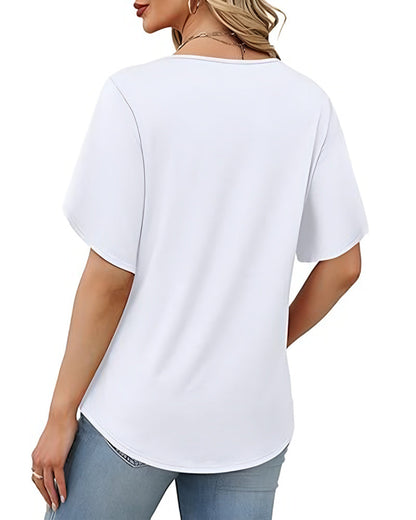 T-Shirt V-Ausschnitt Kleiner Schlitz Kurzarm Einfarbig