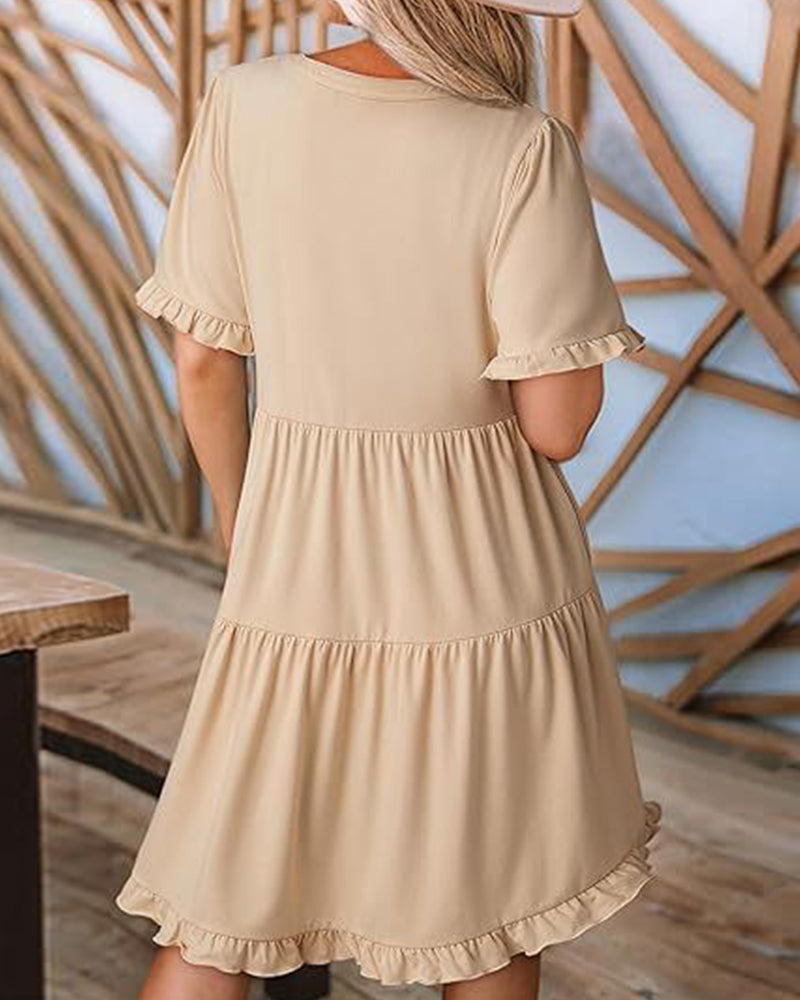 Kleid Rüschenbesatz V-Ausschnitt Stufensaum