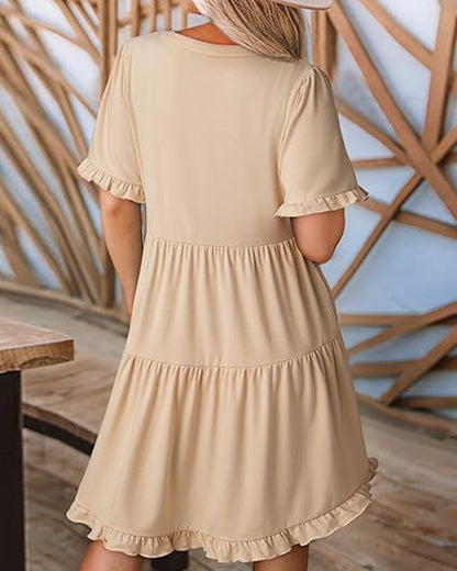 Kleid Rüschenbesatz V-Ausschnitt Stufensaum
