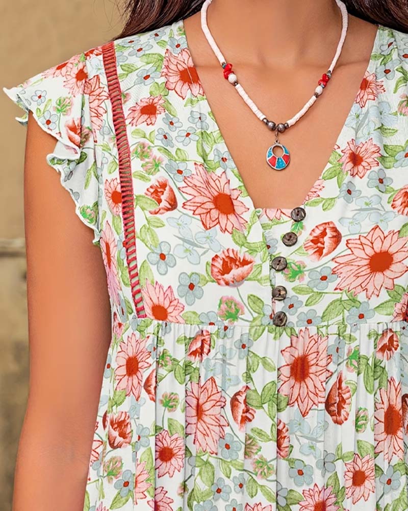 Kleid Blumenmuster V-Ausschnitt Rüschenärmel