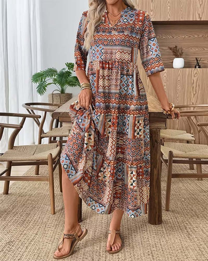Kleid Etnisch Geometrischer Druck Lang
