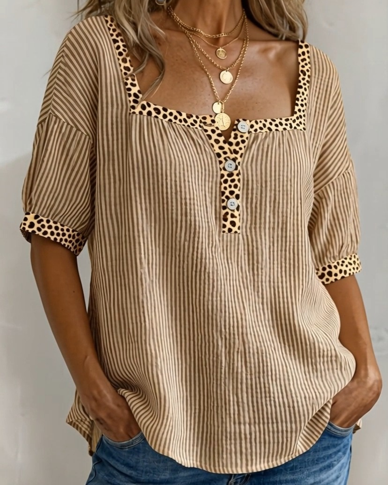 Bluse Quadratischer Ausschnitt Kurzarm Leopardenmuster