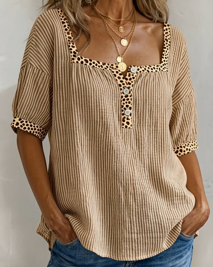 Bluse Quadratischer Ausschnitt Kurzarm Leopardenmuster