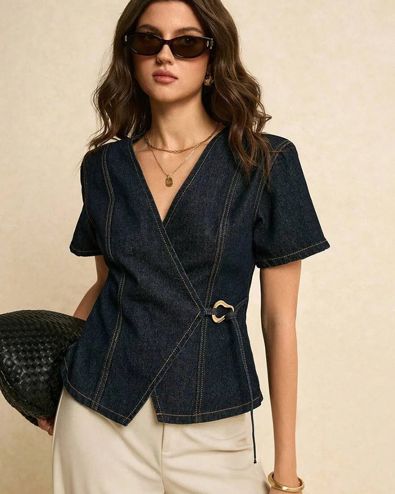Bluse Unregelmäßig Lace-Up Denim