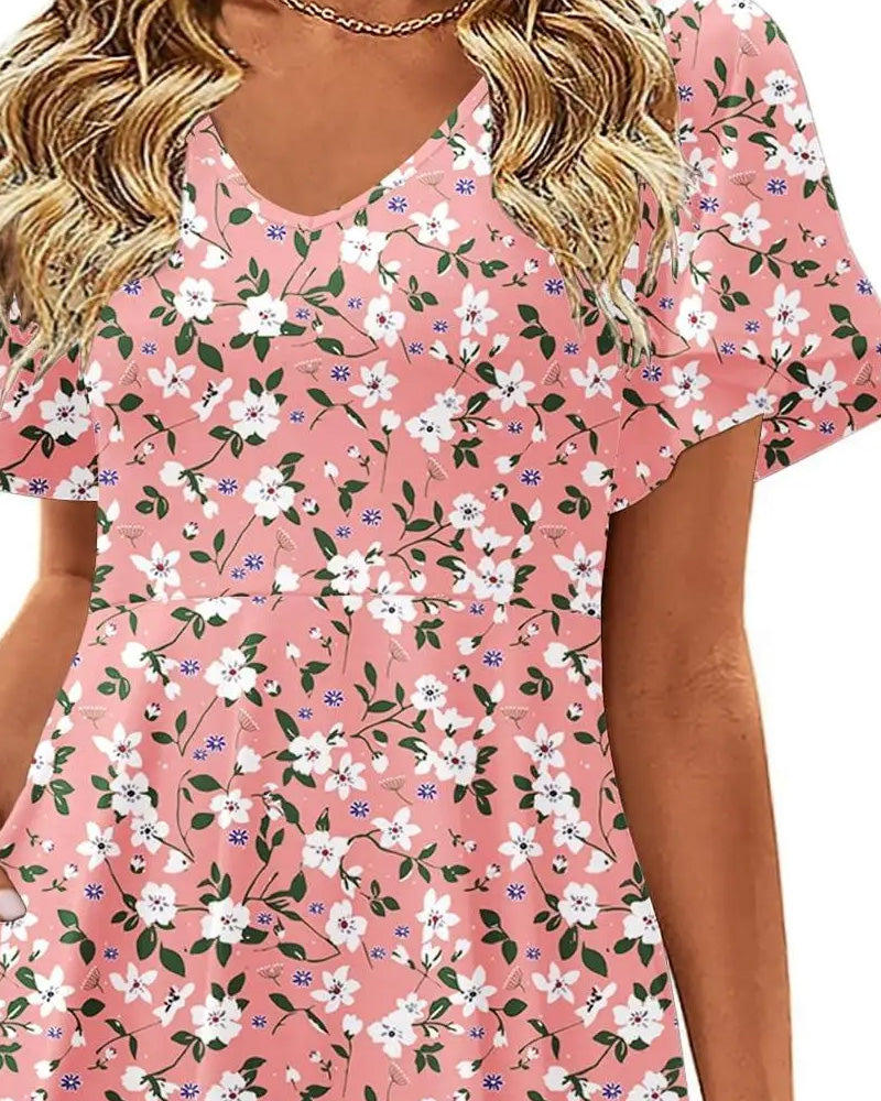 Kleid V-Ausschnitt geblümt kurzärmelig taillierend