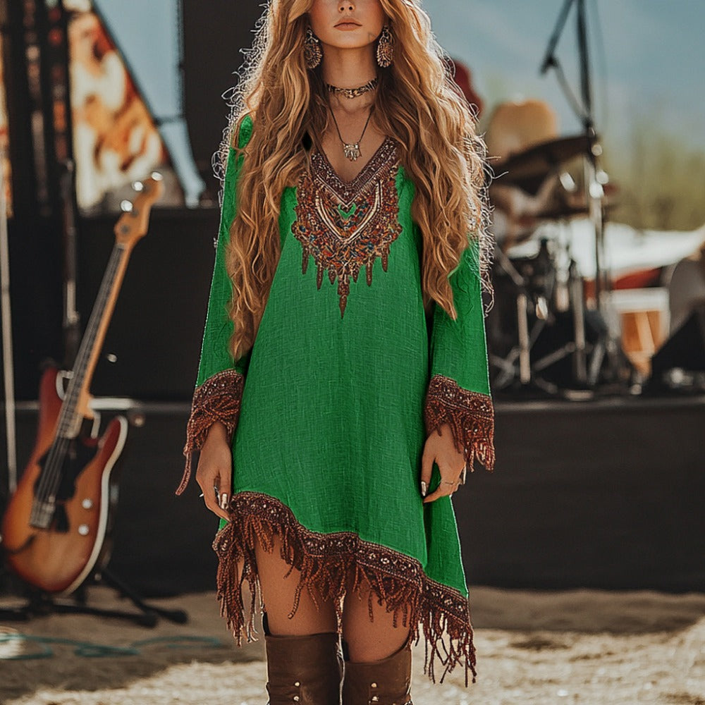 Embroidered Bohemian Mini Dress with Fringe for Women - Patrizia