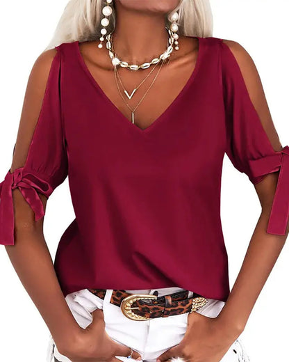 Bluse V-Ausschnitt Cold Shoulder Einfarbig Binden