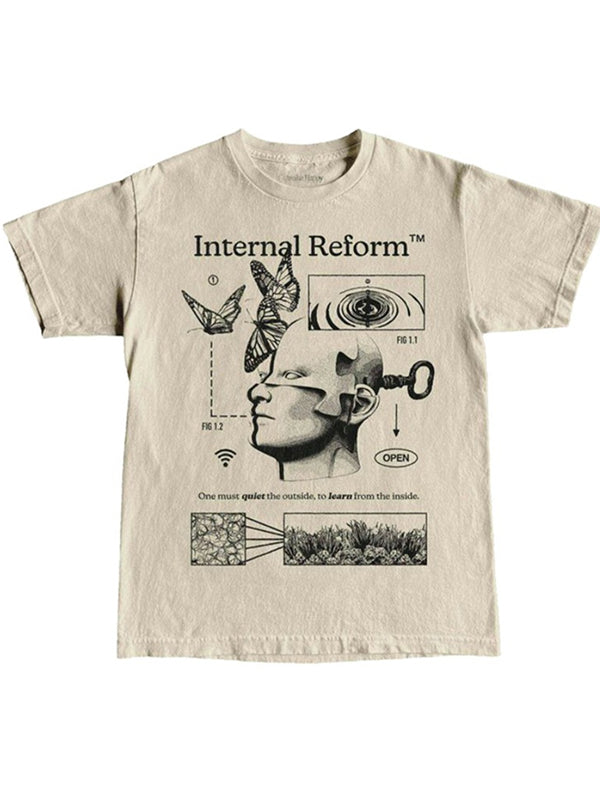 Aprikot Vintage Print Oversized Kurzarm Shirt