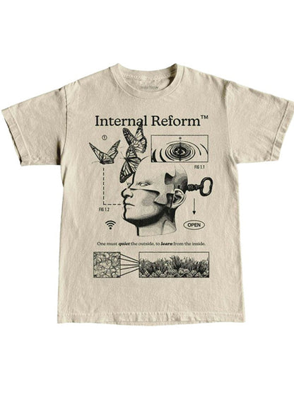 Aprikot Vintage Print Oversized Kurzarm Shirt