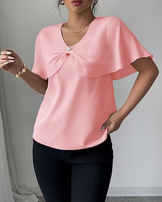 Bluse Unifarben Schleife V-Ausschnitt