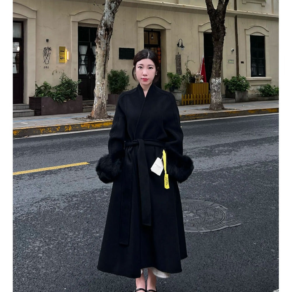 Long Overcoat with Faux Fur Cuffs for Women - Fortunata