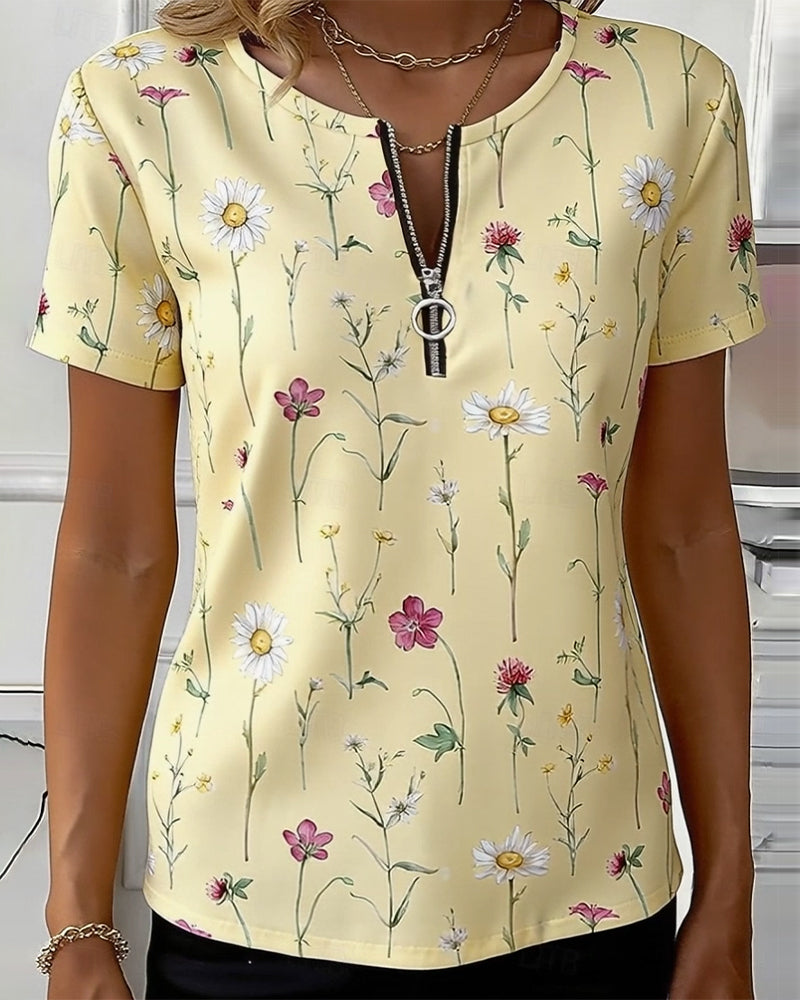T-Shirt Wildblume Druck Halb Reißverschluss