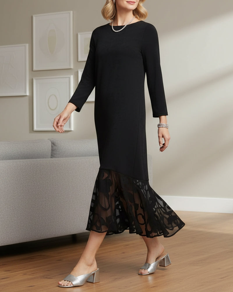 Kleid Mesh Applikation Runder Halsausschnitt Modisch