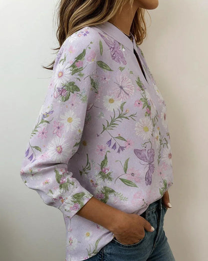 Bluse Gänseblümchen- und Schmetterlingsdruck Langarm
