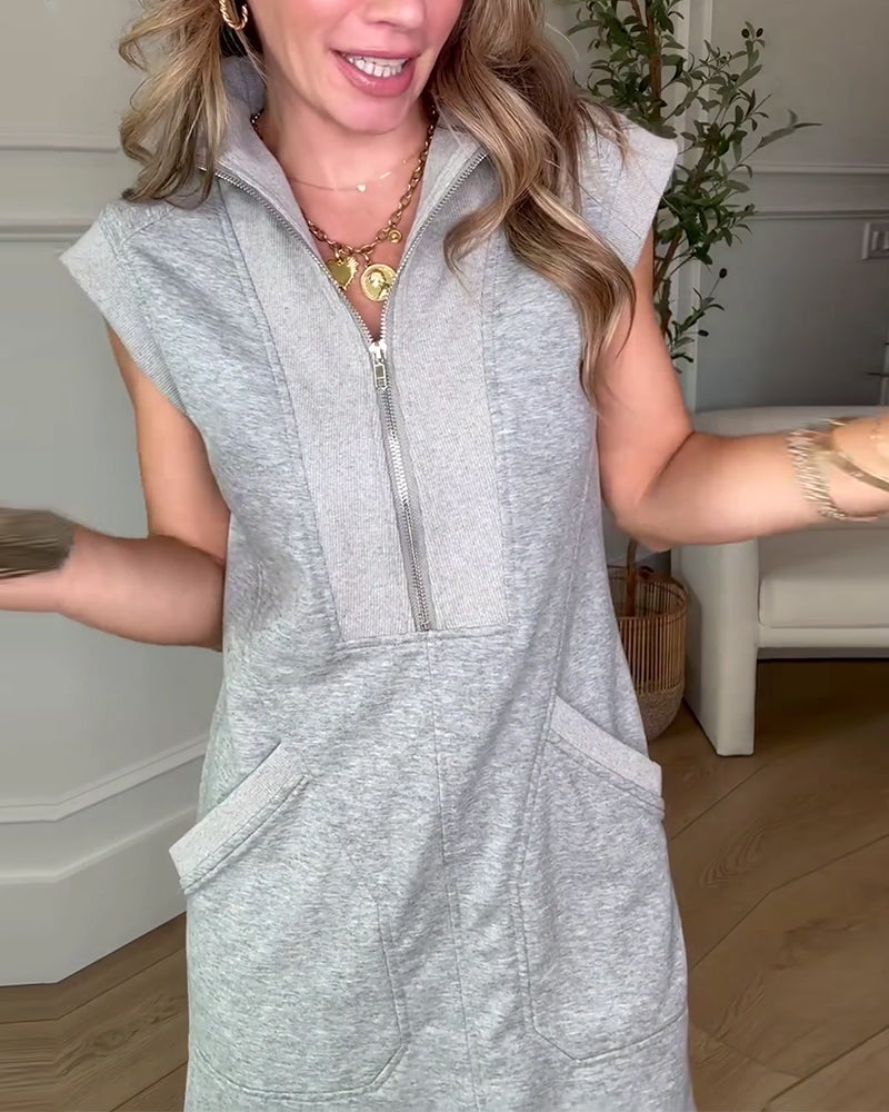 Kleid Ärmellos Kapuze Reißverschluss Sweatshirt