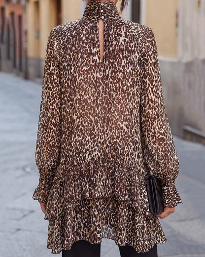 Bluse Rollkragen Rüsche Leopard