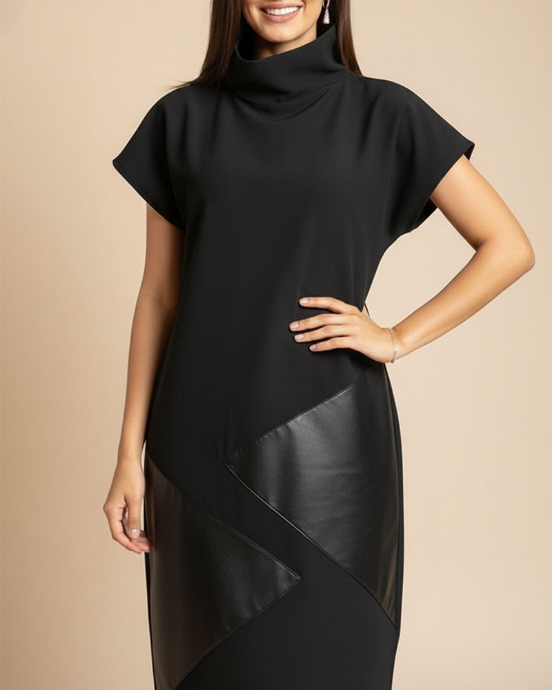 Kleid Hoher Kragen Pu Patchwork Kurzarm