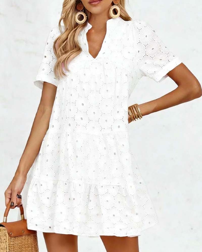 Kleid Durchbrochen V-Ausschnitt Kurzarm