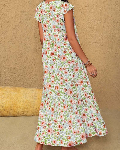 Kleid Blumenmuster V-Ausschnitt Rüschenärmel