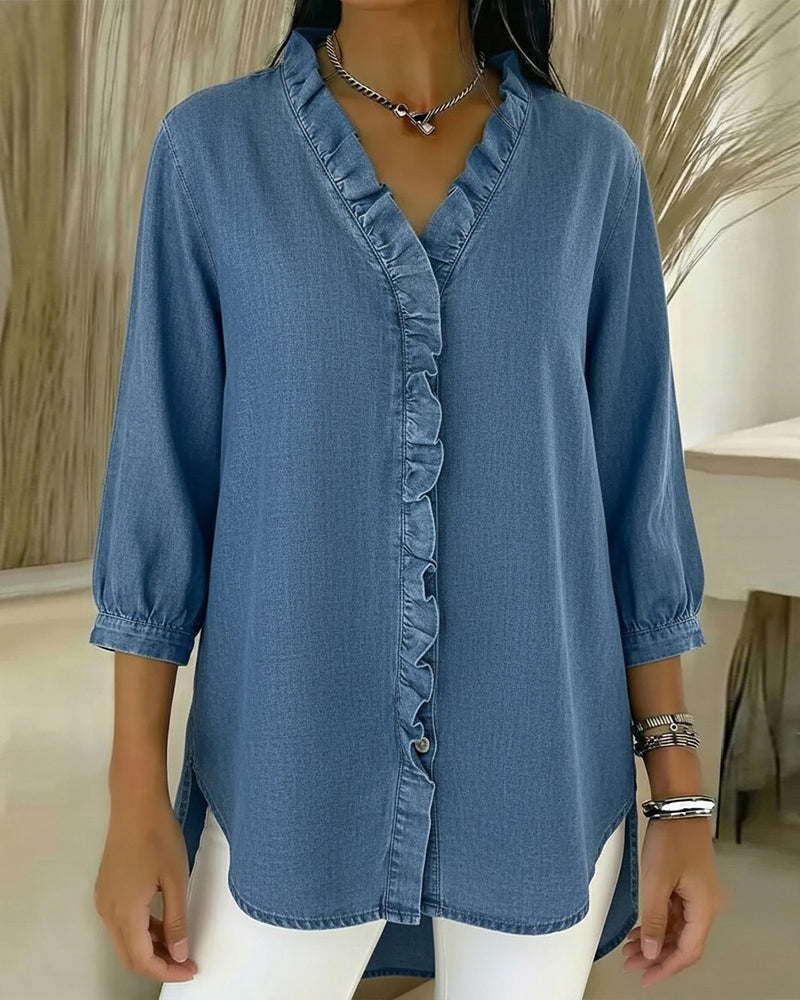 Bluse Ruffle V-Ausschnitt Denim