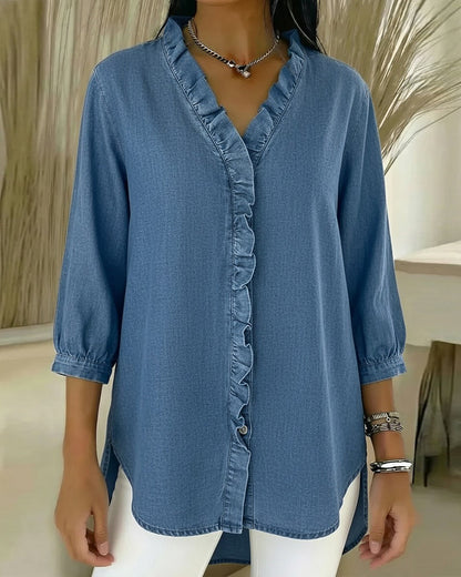 Bluse Ruffle V-Ausschnitt Denim
