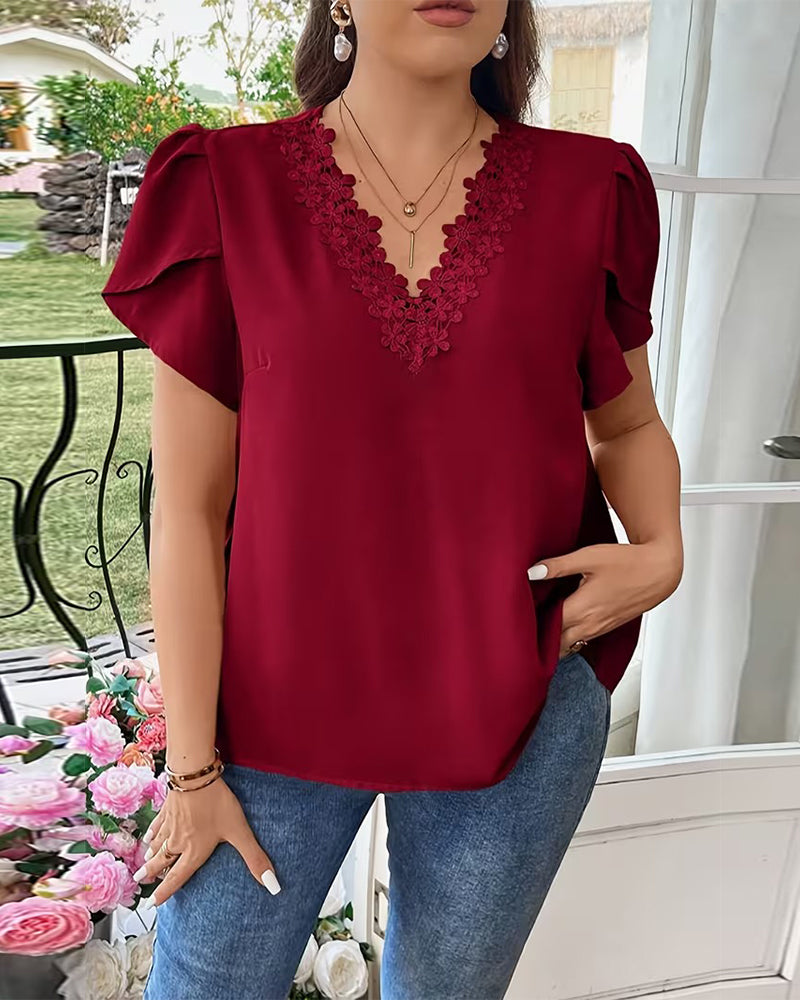 Bluse V-Ausschnitt Unifarben Puffärmel