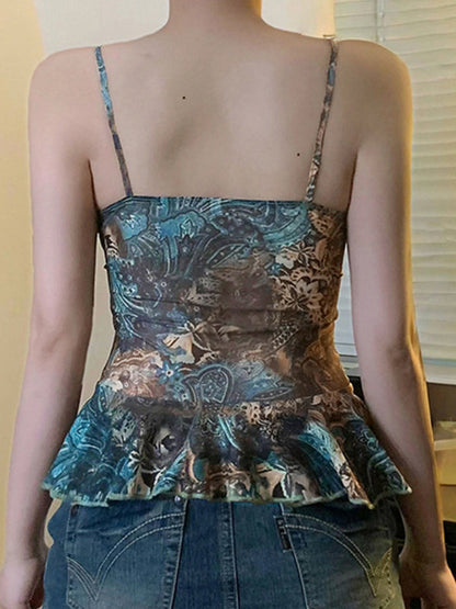 Grünes American Vintage Top mit Perlenverzierung und Print