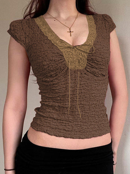 Brown Vintage Lace Patchwork Short Sleeve T-Shirt